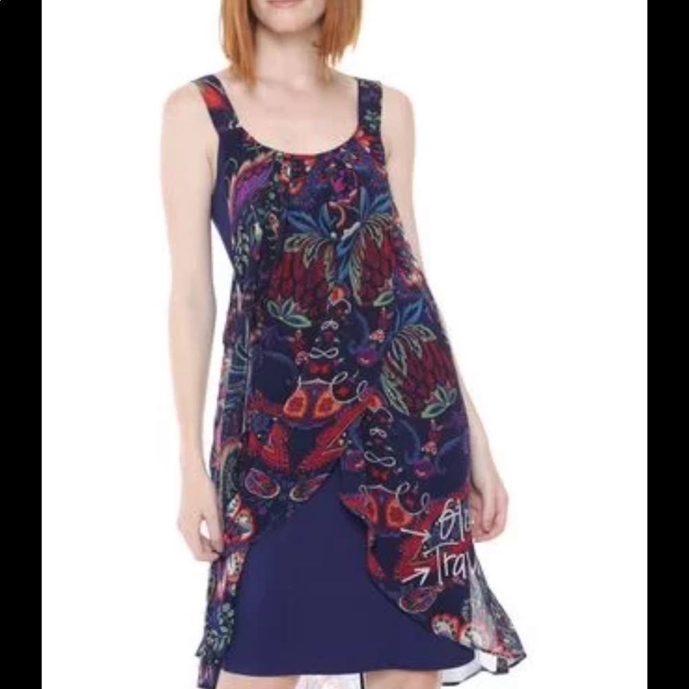 Navy Floral Layered Sleeveless Dress